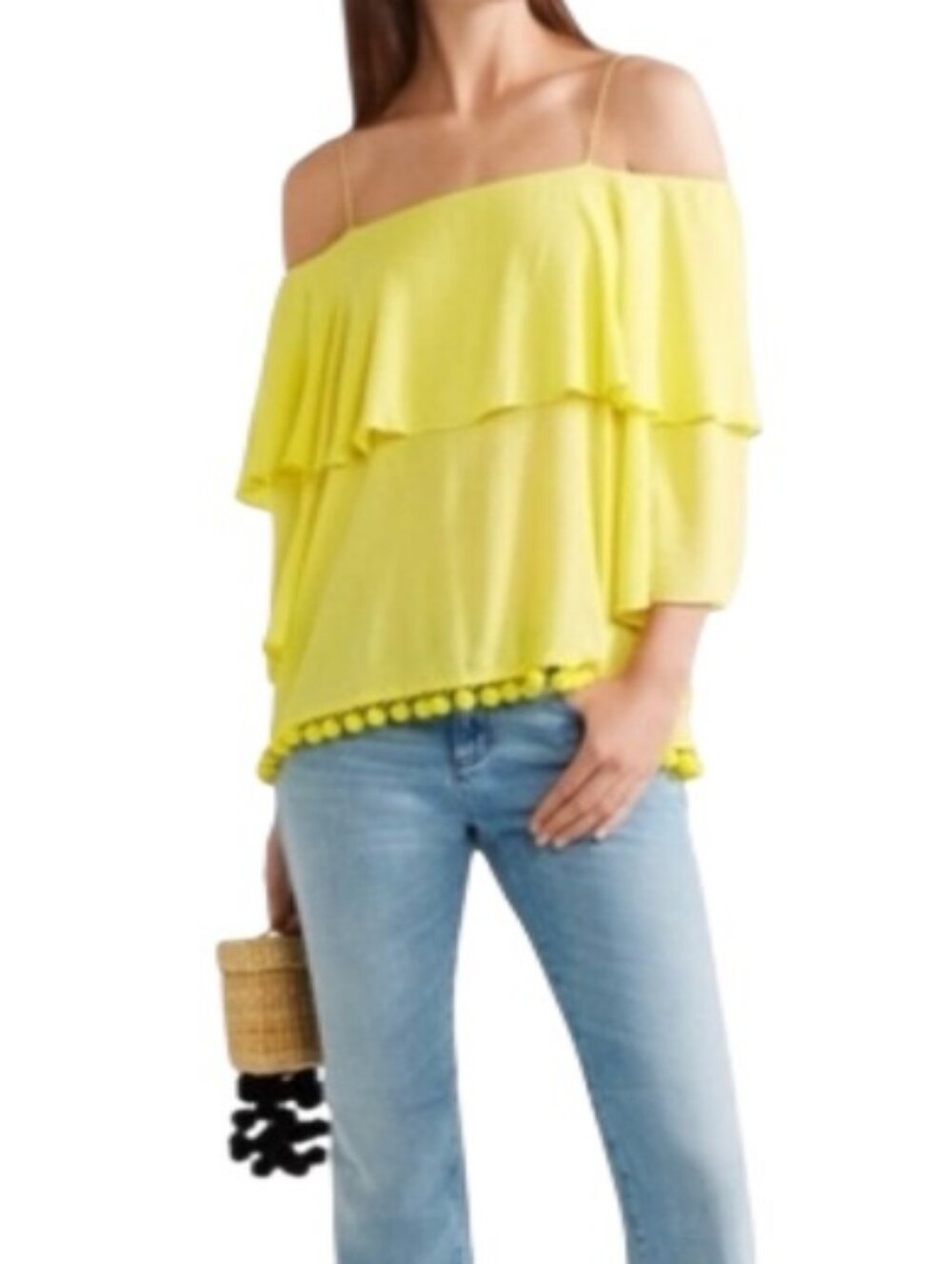 Alice + Olivia Meagen Fiesta Off-Shoulder Yellow Ruffle Pom-Pom Top